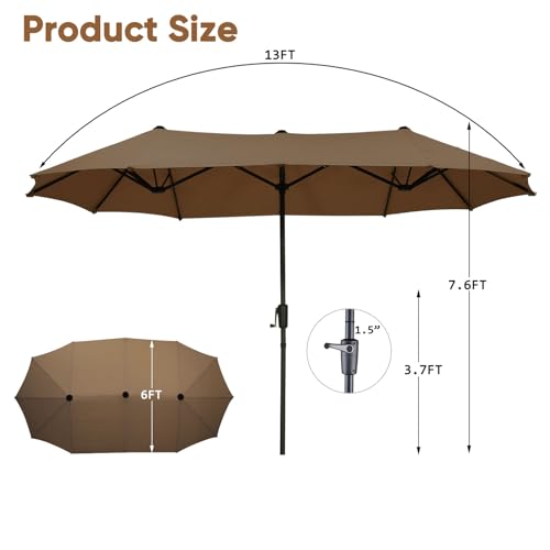 13Ft Large Patio Umbrella Outdoor Double-Sided Market Umbrella w/Easy Crank for Yard, Poolside, Deck, Coffee - color: Coffee, size: 13FT Umbrella