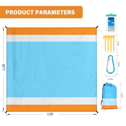 Famstar Beach Blanket Oversized Extra Large 10'X 9',Waterproof Sandproof Beach Blanket 2-8 Adults Lightweight Durable for Travel Camping Hiking Picnic (10'X 9', Orange&Blue)