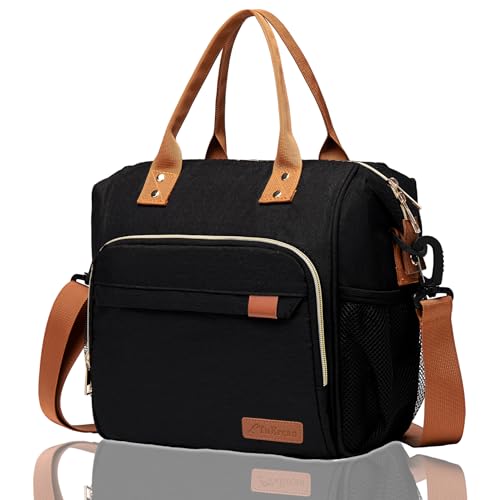 Black Lunch Box for Women Insulated Lunch Bag for Work - Adult Stylish Lunch Tote Bag for Shopping Soft Cooler for Beach Picnic Travel - color: A1: Black, size: Large