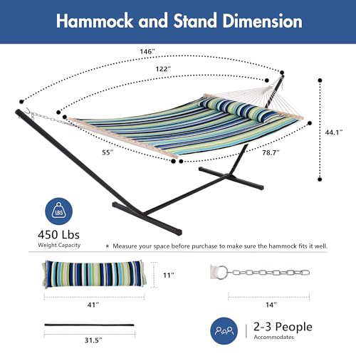 ANOW Double Hammock with Stand 12FT Included, Heavy Duty Hammock with Stand for Outside, 450 LBS Weight Capacity, Green & Blue Stripe - color: Green & Blue Stripe, size: 2 Person With Stand