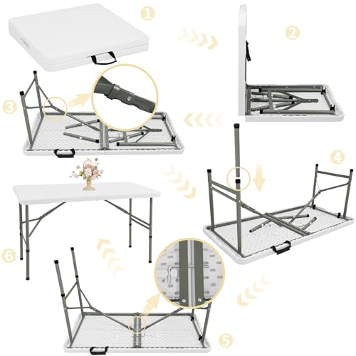 Set of 2 Folding Table 4FT Camping Table Portable Heavy Duty Plastic Rectangular Outdoor Dining Table Steel Legs Fold-in-Half with Carrying Handle for Indoor,Picnic,Party,Wedding,Events(White) - color: White