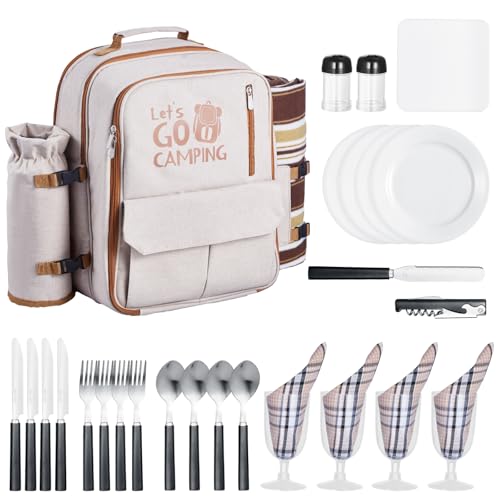 VEVOR Picnic Backpack, Beach Picnic Backpack Bag for 4 Person with Insulated Cooler Compartment, Detachable Bottle/Wine Holder, Lightweight Blanket, Plates & Cutlery Set for Outdoor, Hiking, Camping - size: single layer for 4 & gray