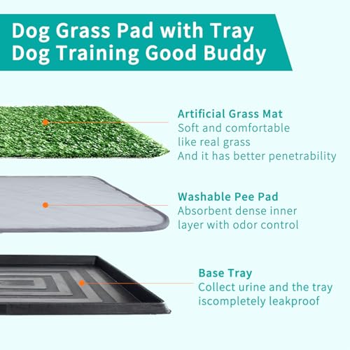 Dog Grass Pad with Tray - 35"X22.6" Indoor/Outdoor Artificial Turf Potty Training Mat for Large Dogs, Portable Dog Litter Box for Balcony/Patio, Washable Reusable Pee Pad and Fake Grass for Dogs - size: 35"×22.6"