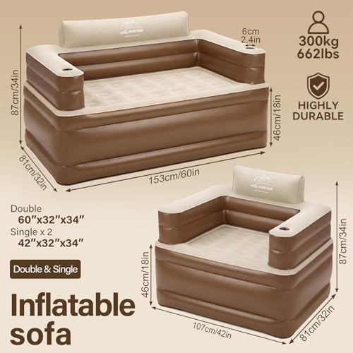Inflatable Couch Set with Cup Holders & Pump, Velvety Air Sofa (1 Loveseat 60"x32"x34" & 2 Chairs 41"x32"x34") for Camping & Home - size: L+2 Set