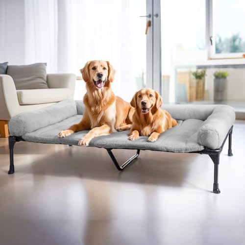 Veehoo Orthopedic Elevated Dog Bed with Fluffy Plush Bolster Cushion, Indoor Raised Dog Beds for Large Dogs, Soft Pet Sofa Cot with Removable Washable Mat, No-Slip Feet, 59 x 37 inches, Grey - color: Grey, size: 59.0"l X 37.0"w X 9.0"th