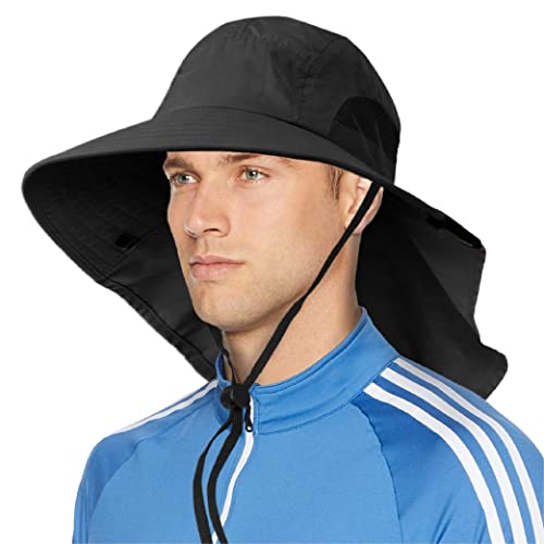 SUN CUBE Wide Brim Sun Hat with Neck Flap, UPF50+ Hiking Safari Fishing Hat for Men Women, Sun Protection Beach Hat - color: Black