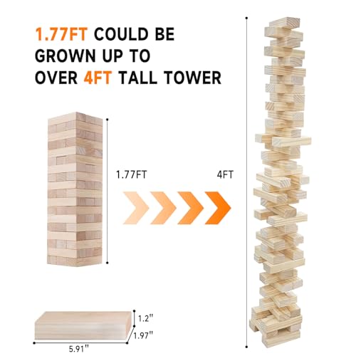 SHAREWIN Nattork Giant Tumbling Tower (Stack from 1.77Ft to 4+ Ft), Wood Stacking Giant Blocks Game| Made from Premium Pine Wood| Ideal for Family, 54PCS - color: Nature Wood