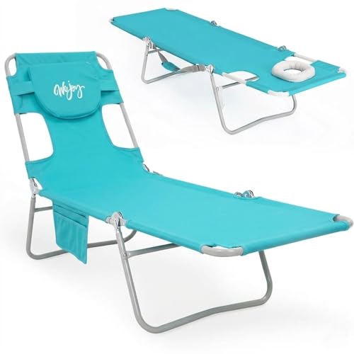 #WEJOY Folding Tanning Chair with Face Hole, 5 Positions Face Down Beach Lounge Chairs with Pillow for Outside Sunbathing Poolside (Cyan) - color: Readease-face Hole Cyan, style: ReadEase 5 Position Face Hole