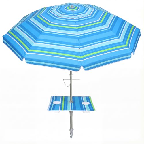PASAMIC 7ft Beach Umbrella for Sand Featuring a 23'' Built-in Table with Sand Anchor & Tilt, UPF 50+ Protection Beach Umbrellas for Heavy Duty Wind Portable with Carry Bag and Hook, Light Blue Stripes - color: Light Blue Stripes, size: 7FT with Table