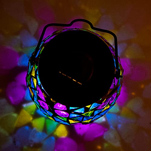 Afirst Mosaic Solar Lanterns - Glass Hanging Lights Butterfly Hollow Out Waterproof Outdoor Decorative for Garden, Patio, Holiday Party Outdoor Decoration, 1 Pack - style: Butterfly