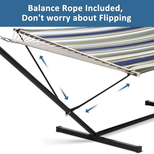 SUNCREAT Double Hammock, Extra Large Quilted Fabric Swing with Hardwood Spreader Bars & Detachable Pillow, Heavy Duty, Perfect for Indoor/Outdoor Patio, Deck, Yard, Blue&Aqua - color: Blue&aqua, size: 12 ft Stand