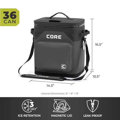 CORE Magnetic Leak Proof Soft Cooler with Waterproof Zipper | Insulated Bag Portable Ice Chest Box | Best Soft Cooler for Food & Beverages for Tailgating, Car Camping, Travel, and Family Beach Picnics - color: Charcoal, size: 36 Can