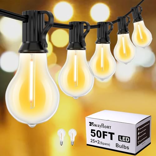 Outdoor String Lights 50FT LED String Lights for Outside with 27 A39 Waterproof Edison Bulbs (2 Spare), Patio Lights Outside Hanging for Bistro,Balcony,Porch,Yard,Garden,Black Cord - color: Black, size: 50ft