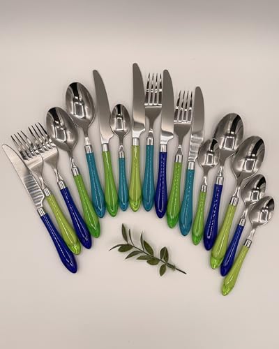 The Original Brink House Sea Blue Green Mix & Match Stainless Steel Cutlery Set with Translucent Handles / 16 pieces with Metal Stand/Lifestyle utensils set for home, apartment, dorm, outdoor events - color: Sea Blue Green Assortment, size: Service for 4