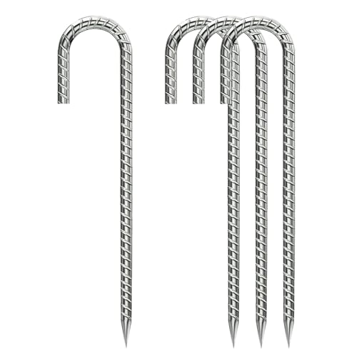 Rebar-Stakes-12-Inch, Ground Stakes Heavy Duty J-Hook Galvanized Anti-Rust Heavy Duty Ground Anchors for Garden Dog Fence Chicken Coop Christmas Decorations Deer Fence 4pcs - color: Silver-J-HOOK, size: 4pcs