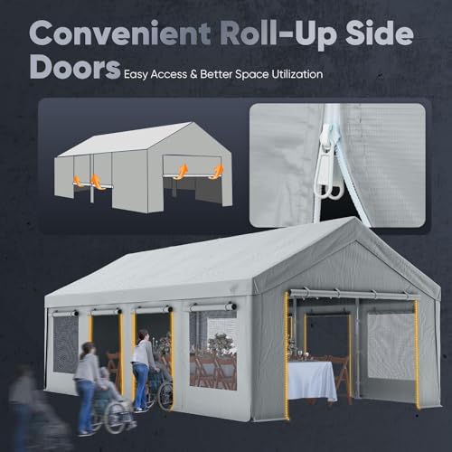 Quictent Heavy Duty 13x25 ft Carports with Side Zipper Doors & Snowproof Steel Cables & Ventilated Windows, Waterproof Storage Shelter for Car, Boat, RV, Outdoor Equipment, Gray - color: Gray, size: 13'x25'