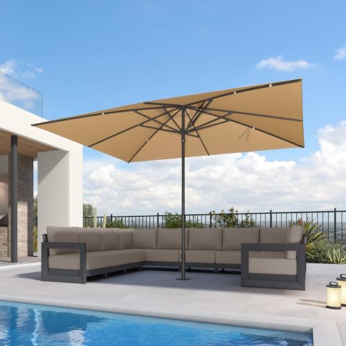 PURPLE LEAF 12' x 9' Rectangular Semi-Auto Outdoor Patio Umbrella Aluminium Market Umbrella Table Sun Umbrella with 1.89" Rod and 8 Sturdy Ribs for Deck Lawn Pool Garden, Beige - color: Beige, size: 9' x 12'