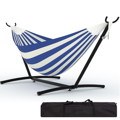 TrailBlaze Double Hammock with Steel Stand - 2 Person Outdoor & Indoor Space-Saving Patio Hammock - Heavy-Duty, 450 lbs Capacity, Easy Setup for Backyard, Garden, Camping - Blue and White Stripes - color: Blue White Stripes