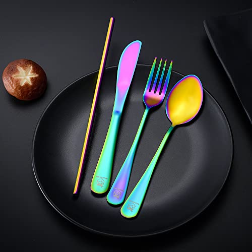 Boulder Bee | Travel Utensils Set | Reusable Camping Cutlery Set | Stainless Steel Flatware Set | Portable Silverware Set with Case | Includes Knife/Fork/Spoon/Straw/Cleaning Cloth/Case (Rainbow) - color: Rainbow
