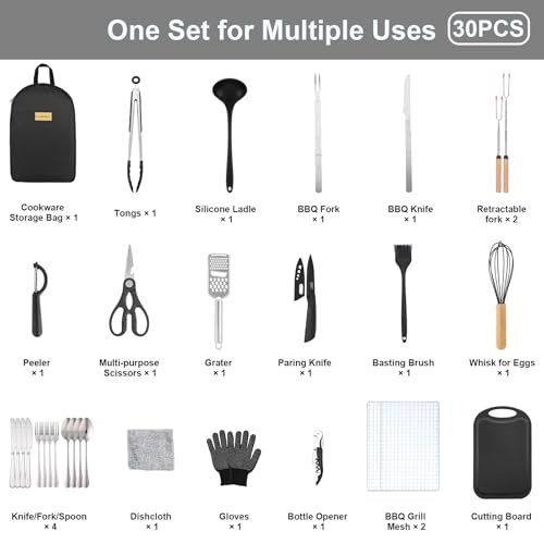 Camping Accessories Kitchen Cooking Utensils Set, Portable Outdoor Camp Cookware Set, Silicone Camper Essentials Gear Must Have Supplies for Travel RV BBQ Grill Picnic Hiking