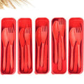 Travel Picnic Camping Utensils Set - Reusable 5 Sets Wheat Straw Plastic Cutlery with Case, Portable Forks Spoons and Knives Cutlery, Eco-Friendly BPA Free for Daily Use (5 Red) - color: 5 Red