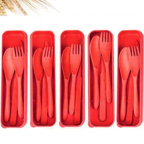 Travel Picnic Camping Utensils Set - Reusable 5 Sets Wheat Straw Plastic Cutlery with Case, Portable Forks Spoons and Knives Cutlery, Eco-Friendly BPA Free for Daily Use (5 Red) - color: 5 Red