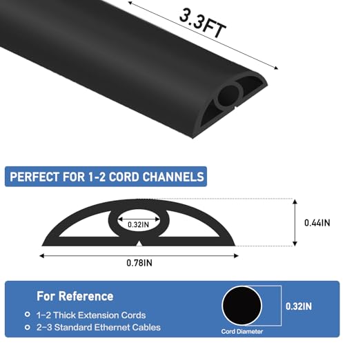 Floor Cord Cover Self Adhesive Cord Hider Floor Extension Cord Covers for Floor Power Cord Protector Cable Management Prevent Cable Trips Cable Cavity 0.32" W x 0.32" H (Black, 3.3Ft) - color: Black, size: 0.79" x 3.3'