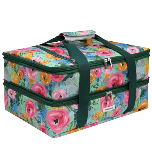 Double Decker Insulated Casserole Carrier, Expandable Thermal Food Warmer Bag Fits 9x13 Dish, Leak-Proof Potluck Lasagna Holder with Utensil Pocket for Picnic Party Cookout (Green Floral) - color: Green Floral