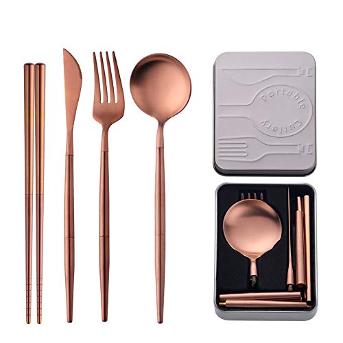 Portable & Reusable Stainless Steel Travel Cutlery Set，Folding Utensil Set with Case ，for Camping, Picnic, Office and On-The-Go (Pocket Sized Flatware Set) (Black) (Rose Gold) - color: Rose Gold