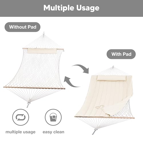 SUNCREAT 2 Person Hammock with Hardwood Spreader Bar, Outdoor Rope Hammock with Polyester Pad, 475 lbs Capacity, Beige - color: White
