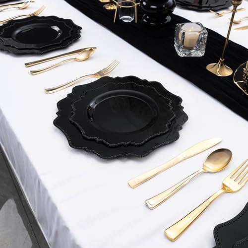 COLOSUS 100pcs Black Plastic Plates - Heavy Duty Black Plastic Plates Disposable for Party/wedding/New Year Include 50pcs Dinner Plates and 50pcs Dessert Plates. - color: Black