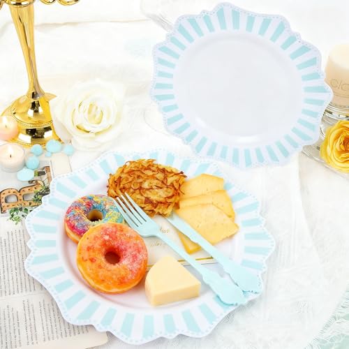 COLOSUS 150pcs Disposable Blue and White Striped Easter Plastic Party Plates and Silverware set, Light Blue Dinner/Dessert Plates silverware serve 30guests for Birthday, New Year and Daily use. - color: white+light blue