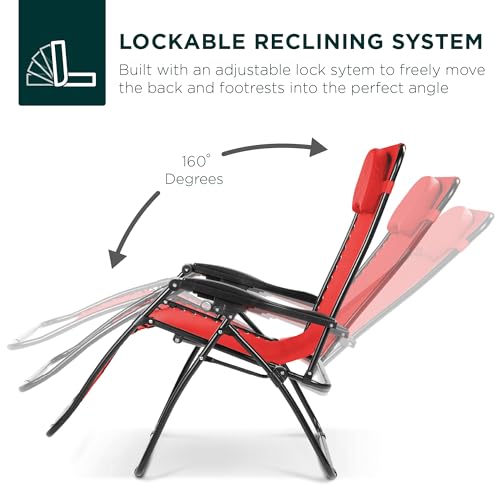 Best Choice Products Oversized Zero Gravity Chair, Folding Outdoor Patio Lounge Recliner w/Cup Holder Accessory Tray, Pillow - Crimson Red - color: Crimson Red