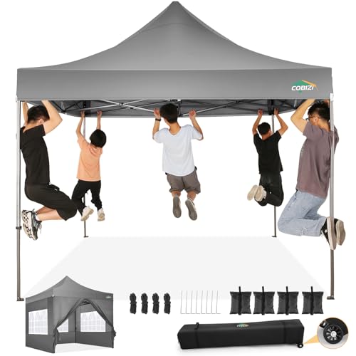 COBIZI 10x10 Pop Up Canopy Tent with 4 sidewalls Commercial Heavy Duty Canopy UPF 50+ All Weather Waterproof Outdoor Canopy Wedding Tents for Parties Gazebo with Roller Bag, Grey (Windproof Upgraded) - color: Gray, size: 10x10 with Sidewalls