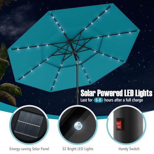 Tangkula 10 FT Solar LED Patio Umbrella, 3-Tier Vented Outdoor Market Table Umbrella with 32 LED Lights, Tilt Adjustment, Crank Handle, 8 Ribs for Backyard Pool Deck (Turquoise) - color: Turquoise