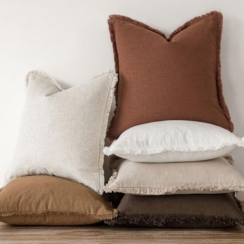 Foindtower Decorative Linen Fringe Throw Pillow Covers Cozy Boho Farmhouse Cushion Cover with Tassels Soft Accent Pillowcase for Chair Sofa Bed Living Room Home Decor, 16×16 Inch, 1PC,Orange Brown - color: Hazel, size: 16" x 16" (Pack of 1)