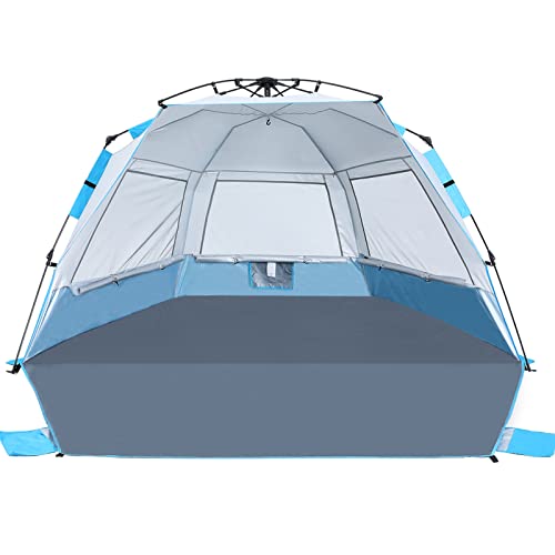 Beach Tent Instant Pop up Sun Shade Shelter for 4-6 Person with UV Protection，Extended Floor，3 Mesh Roll Up Windows with Carry Bag, Sandbags, Stakes(Sky Blue)