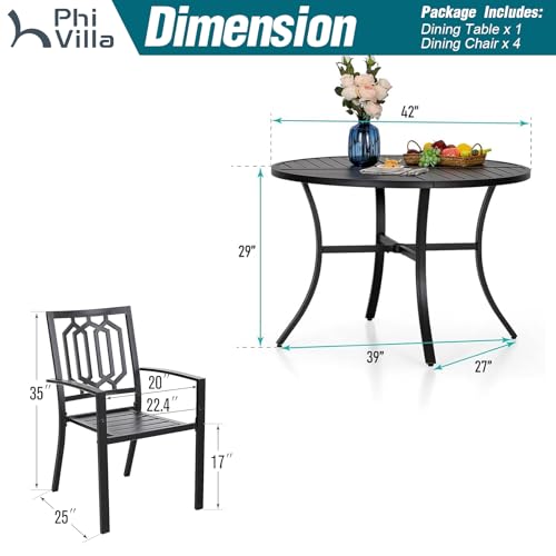 PHI VILLA 5 Pieces Outdoor Round Dining Set for 4, Wrought Iron Circle Table with Umbrella Hole & Stacking Metal Chairs, Modern Furniture Set for Patio, Deck, Backyard, Porch - color: Hexagon Back Chair, size: 5PCS-42" Round Table