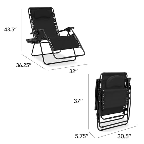 Best Choice Products Oversized Zero Gravity Chair, Folding Outdoor Patio Lounge Recliner w/Cup Holder Accessory Tray, Pillow - Black - color: Black