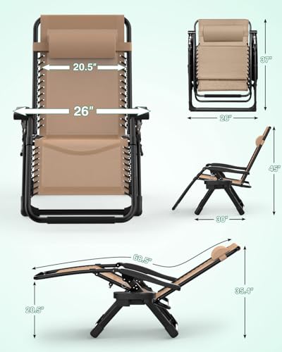 ZENPETIO Zero Gravity Lounge Chair, Outdoor Recliner Chair w/Detachable Cushion Cup Holder and Pillow, Portable Folding Anti Gravity Reclining Chair for Outdoor Camping Patio Lawn Pool, Beige - color: Beige
