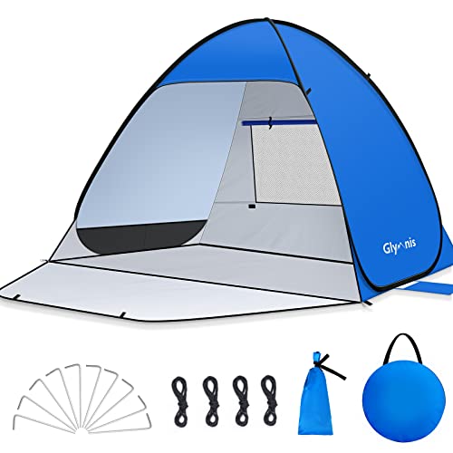 Glymnis Pop Up Beach Tent Beach Shade Tent for 1-4 Persons Sun Shelter UPF 50+ Enclose Zipper Door Portable Easy Up Beach Tent - style: Blue for 3-4 Person