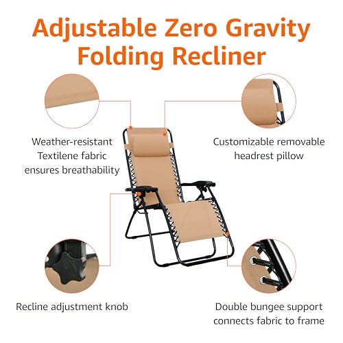 Amazon Basics Outdoor Patio Zero Gravity Folding Reclining Lounge Chair with Padded Headrest Pillow, Adjustable Lawn Chair for Outside, Weather-resistant Textilene, 26", Beige - color: Beige