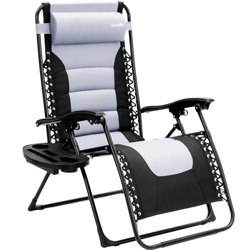 SereneLife Oversized Padded Zero Gravity Lounge Chair, Foldable Outdoor Patio Recliner, Anti Gravity Lawn Recliner with Cup Holder and Side Table for Backyard, Camping, Beach or Outdoor Relaxation - color: Silver Gray