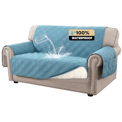 PrinceDeco 100% Waterproof Loveseat Covers for 2 Cushion Couch Sofa Covers Waterproof and Washable Sofa Slipcover with Side Pocket Furniture Protector with Elastic Straps(Loveseat 48", Smoke Blue) - color: Smoke Blue, size: Loveseat