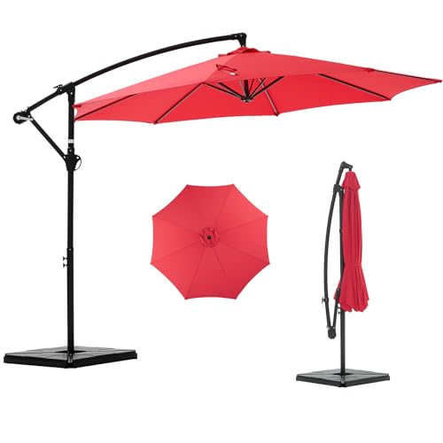 NEWBULIG 10FT Patio Umbrella, Offset Cantilever Outdoor Patio Table Umbrella, UV Protection, Fade Resistant Fabric, Easy Tilt Adjustment for Pool, Deck, Garden, Backyard - color: Bright Red, size: 10ft-with 4 Bases
