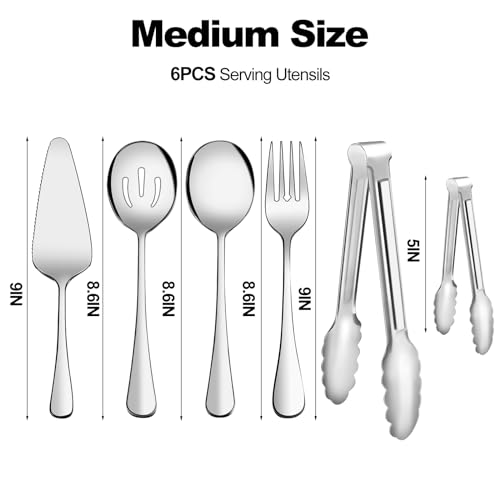 Serving Utensils, XEVOM 6-Piece Stainless Steel Serving Utensil Set Include Serving Spoon, Slotted Serving Spoon, Serving Fork,Serving Tong, Appetizers Tong,Pie Server (Silver), Regular - color: Silver