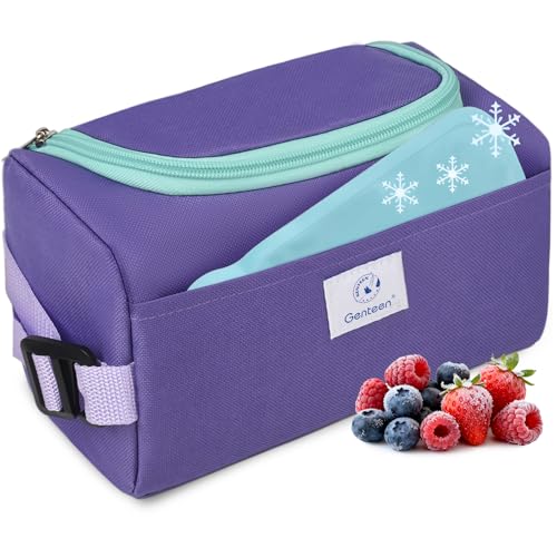Genteen Small Cooler Bag with Ice Packs,Freezable Lunch Bag/Snack Bag,Small Insulated Bag Reusable Lunch Bag Kids with Zip Closure & Buckle Handle for Travel/School/Work,Purple - color: Purple