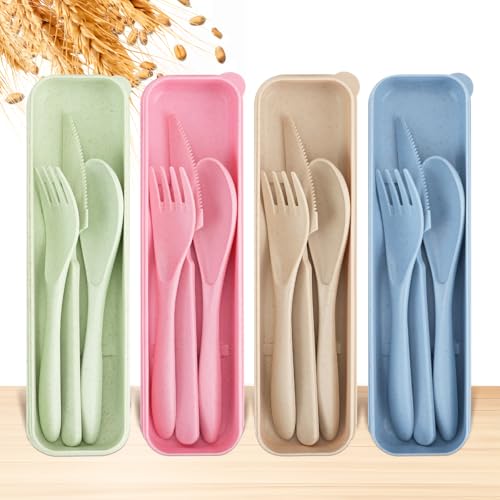 Travel Utensils with Case, 4 Sets Wheat Straw Portable Travel Cutlery Set, Reusable Fork Spoons Knife Tableware Camping Utensil Sets for Kids Adults Picnic or Daily Use, Dishwasher Safe