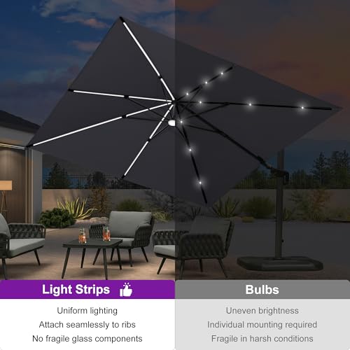 PURPLE LEAF 10 Feet Patio Umbrella Outdoor Cantilever Solar Powered LED Swivel Square Umbrella Aluminum Offset Umbrella with 360-degree Rotation for Garden Deck Pool Patio Light Grey - color: Light Grey, size: 10' X 10', style: Left-right Tilt（LED）