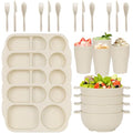 24 PCS Wheat Straw Dinnerware Set for Kids Divided Plates Bowls Cup Cutlery Sets, Reusable Tableware Set Microwave Dishwasher Safe for School Party, Camping, Home - color: Beige